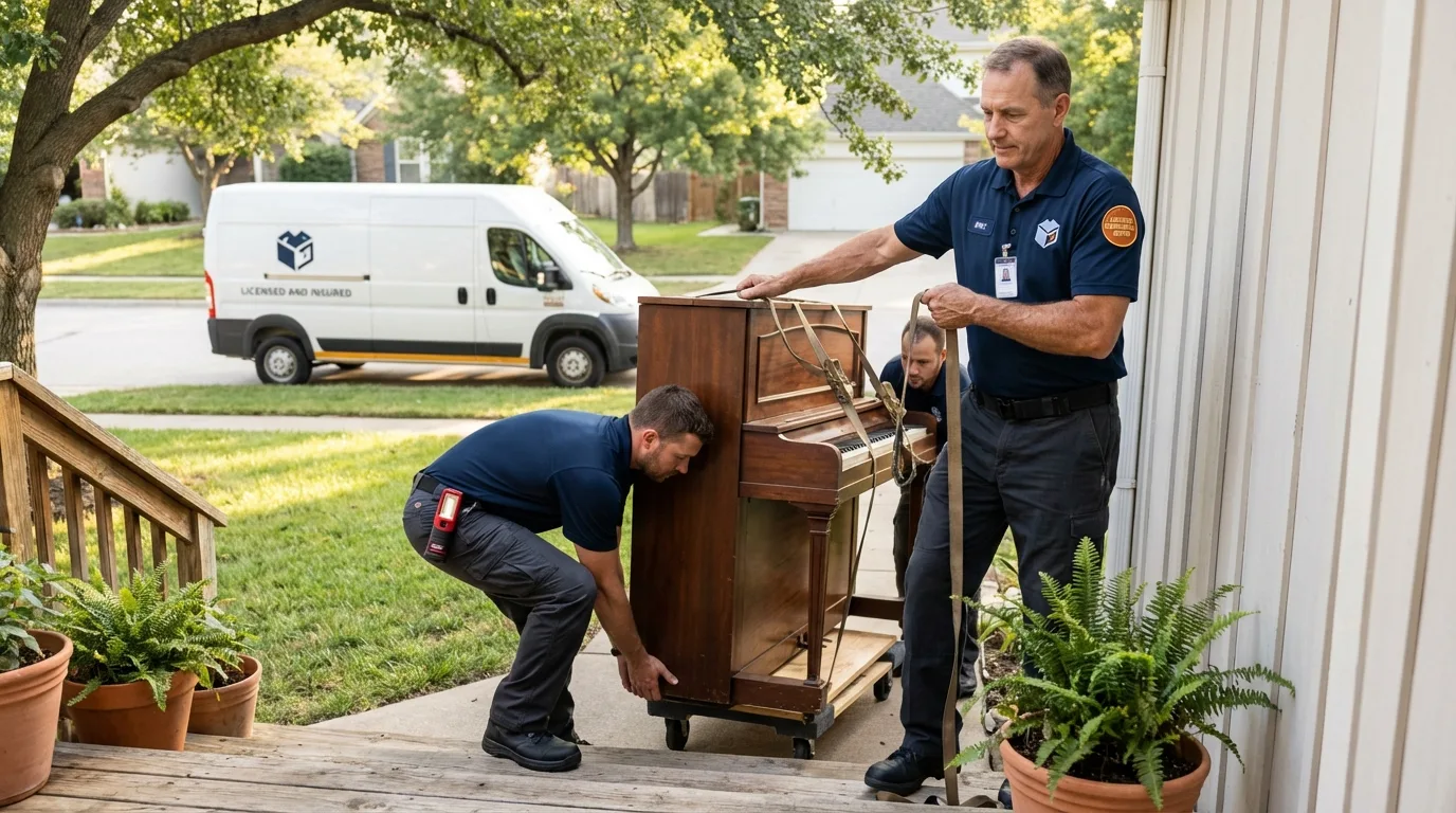 Licensed piano movers securing grand piano in Craig, CO