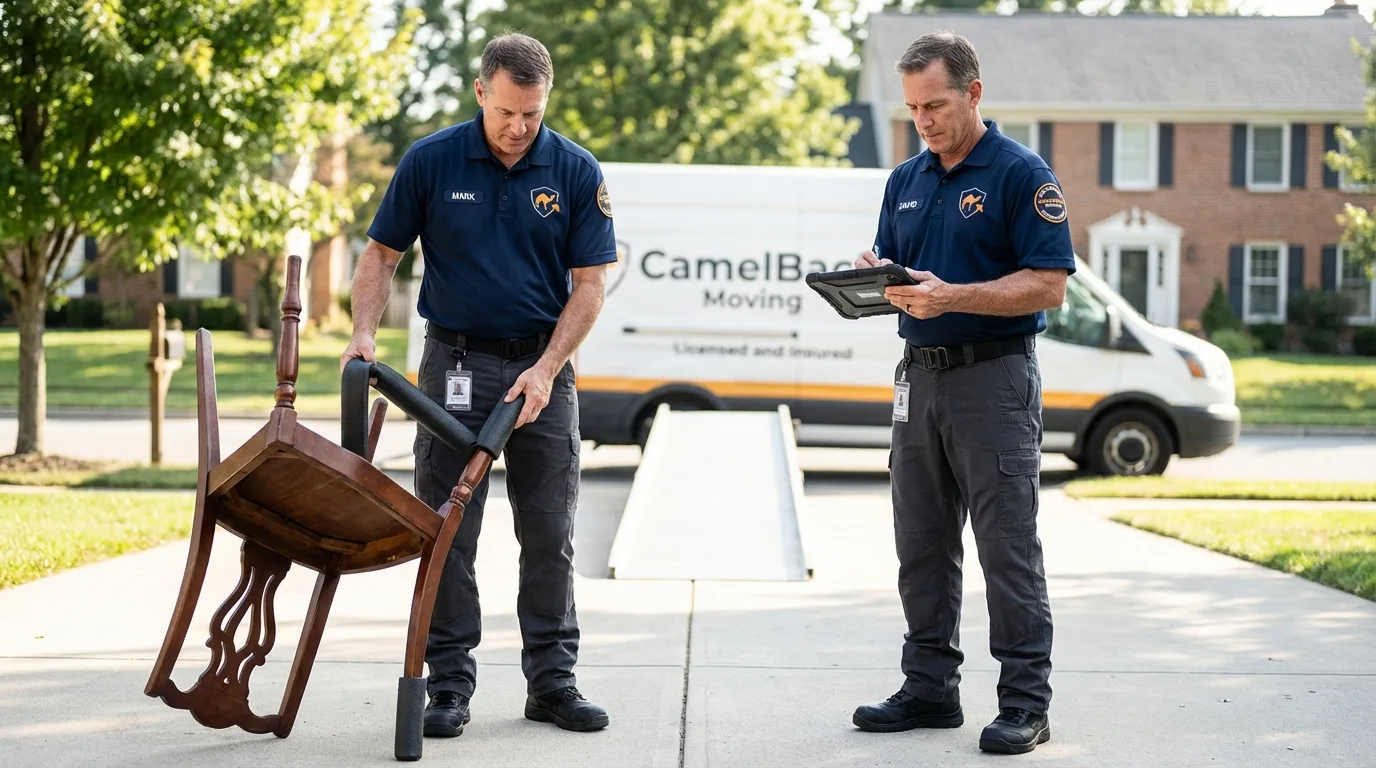 Movers inspecting furniture for damage prevention before loading in Craig, CO